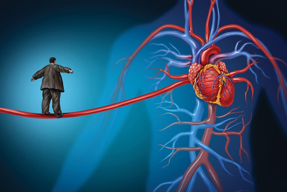 An image shows a person with diabetes walking over a cardiac artery.