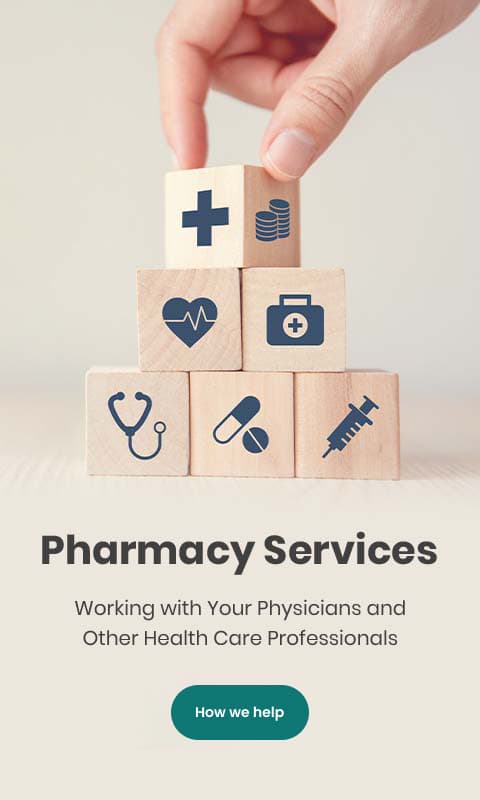 An image is depicted with multiple cubes and text reads 'Pharmacy Services, working with your physicians and other healthcare professionals. At the bottom, there is a 'How we help' button.