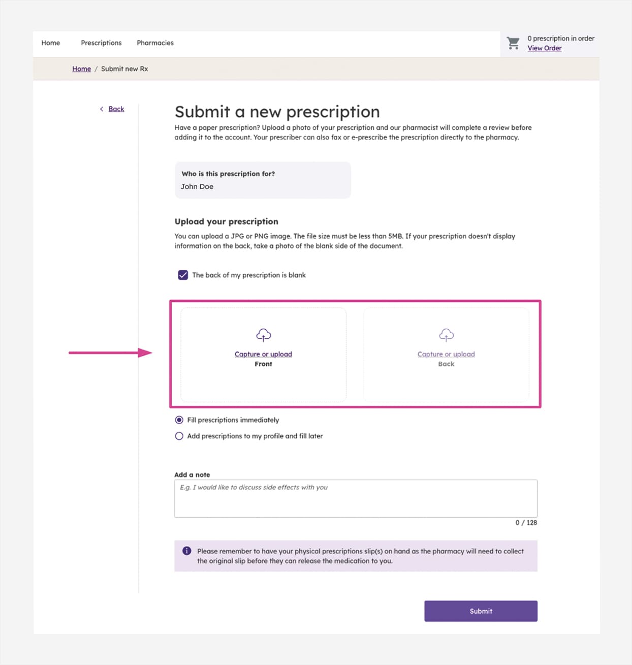 An image showing the process of upload and submit your prescription.