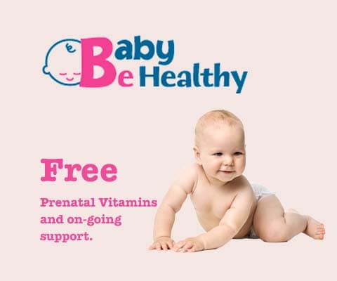 An image is displayed the logo of Baby Healthy accompanied by text that reads 'FREE prenatal vitamins and ongoing support.'