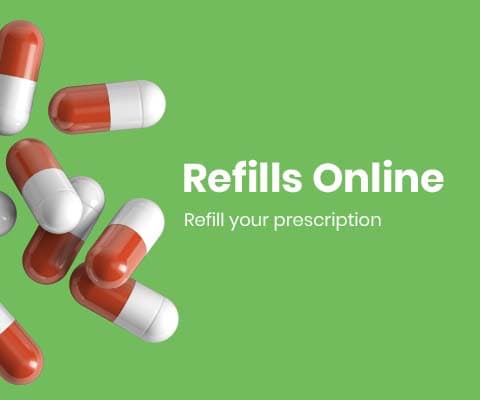 In this image, multiple capsules are displayed along with text that reads 'Refills Online and Refill Your Prescription.